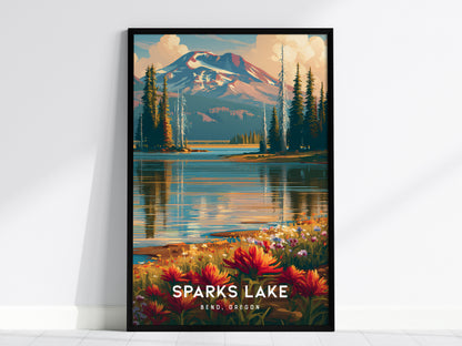 Sparks Lake, Bend, Oregon Poster | Mountain Reflections Vacation Wall Art — framed wall art, 24x36 in