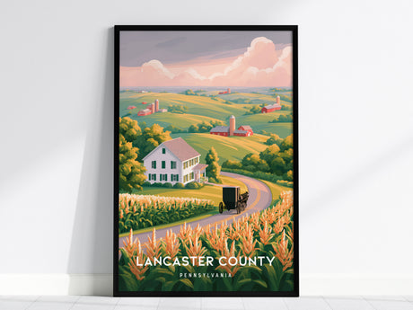 Lancaster County, Pennsylvania Poster | Rolling Farmland & Covered Bridge Wall Art — framed wall art, 24x36 in