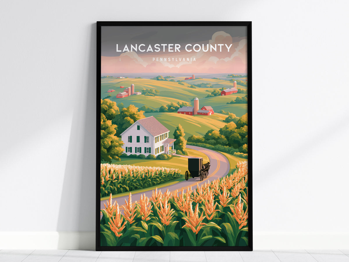 Lancaster County, Pennsylvania Poster | Rolling Farmland & Covered Bridge Wall Art — framed wall art, 24x36 in