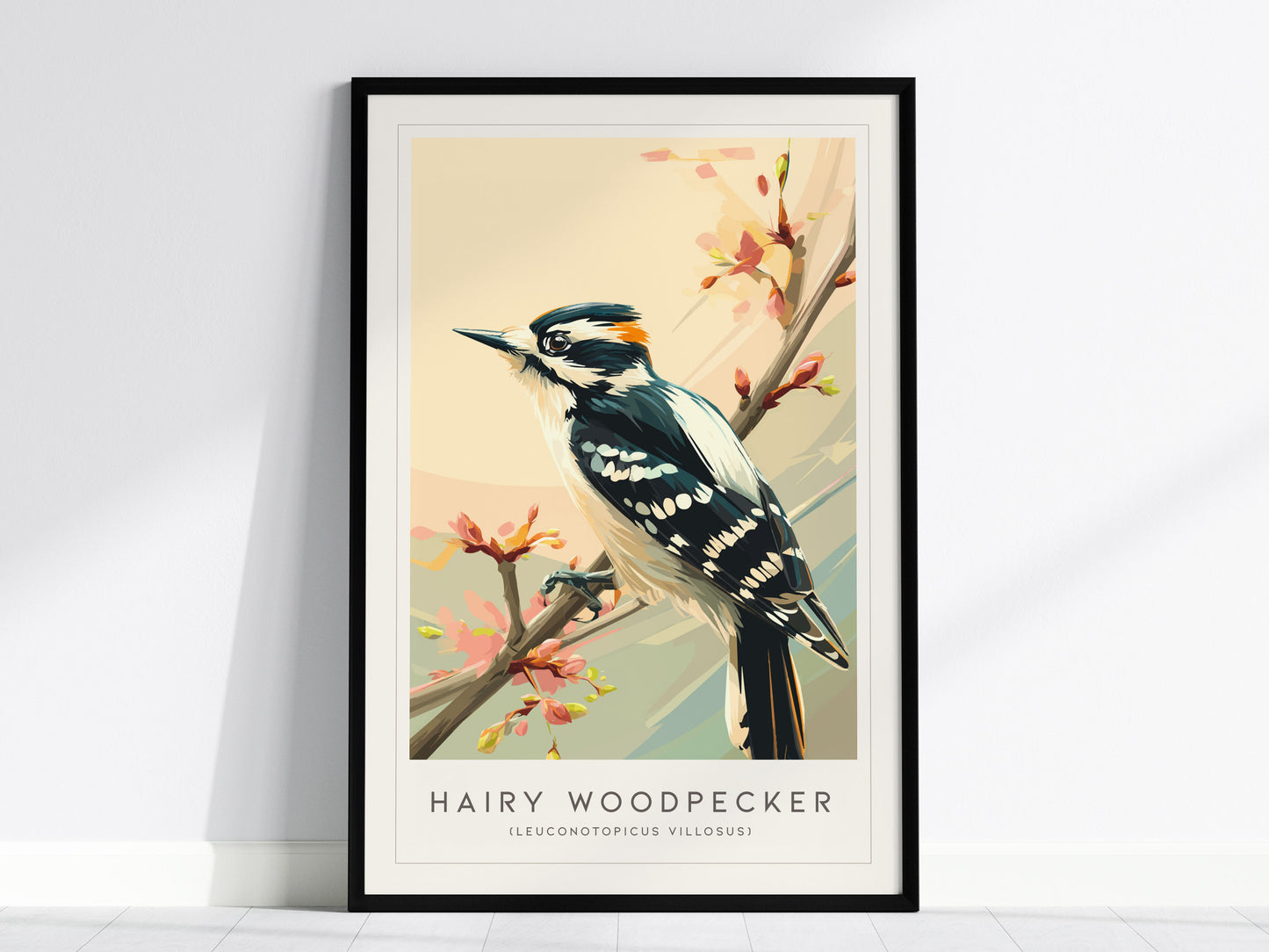 Hairy Woodpecker Poster | Bold Forest Bird Illustration Wall Art — framed wall art, 24x36 in