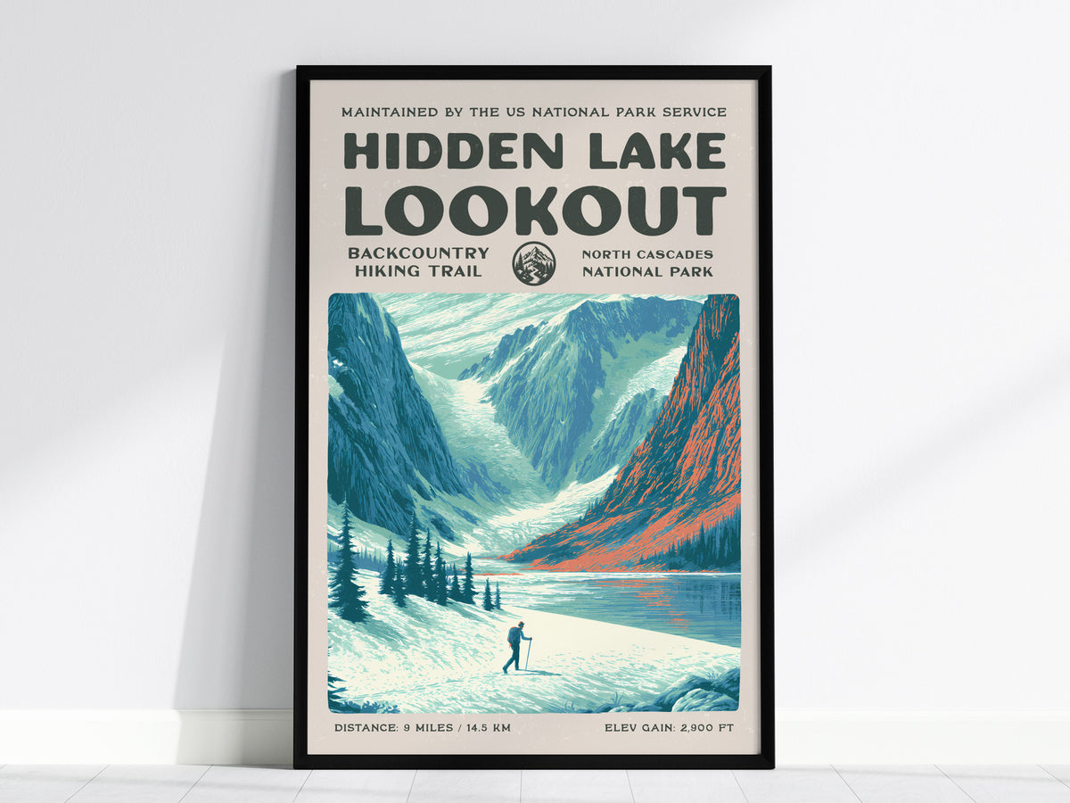 Hidden Lake Lookout, North Cascades National Park Poster | Hiker Gift | Backcountry Trail Wall Art — framed wall art, 24x36 i
