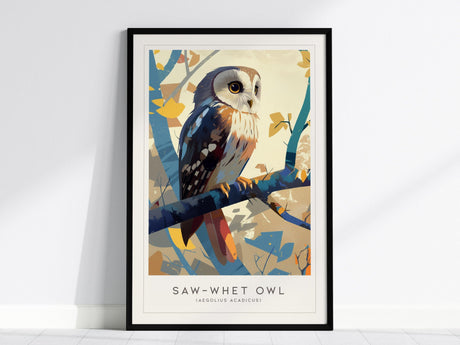 A framed poster featuring an illustrated Saw-whet Owl perched on a branch, surrounded by abstract autumn leaves. The owl has striking golden eyes and detailed feather patterns.