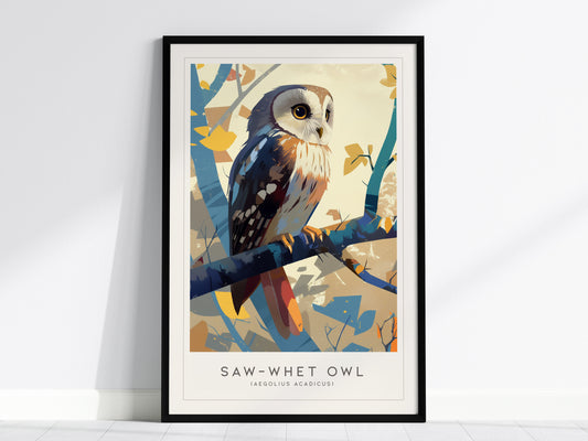 Saw-whet Owl Framed Poster | Northern Small Owls Bird Lover Nature Modern Wall Art | Audubon Nature Print Forest Cabin Decor