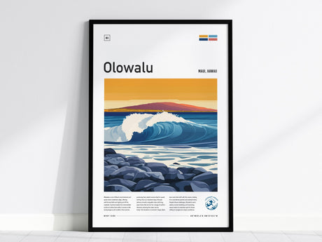 Framed poster of Olowalu, Maui features stylized ocean waves and rocky shoreline against a sunset sky. Accented with minimal text and graphics, it conveys a modern coastal aesthetic.