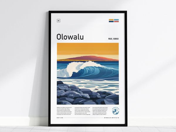 Framed poster of Olowalu, Maui features stylized ocean waves and rocky shoreline against a sunset sky. Accented with minimal text and graphics, it conveys a modern coastal aesthetic.