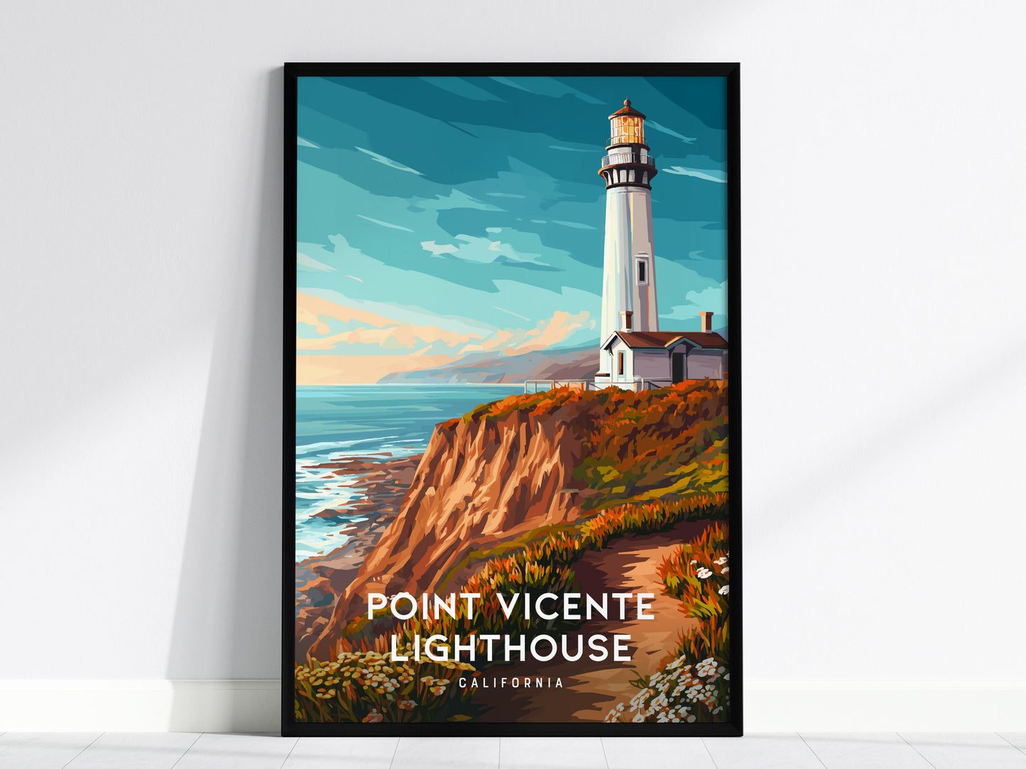 Point Vicente Lighthouse, California Poster | Pacific Cliffs & Beacon Wall Art — framed wall art, 24x36 in