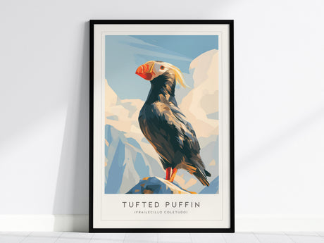 Tufted Puffin, Frailecillo Coletudo Poster | Bold Seabird Wildlife Print Wall Art — framed wall art, 24x36 in