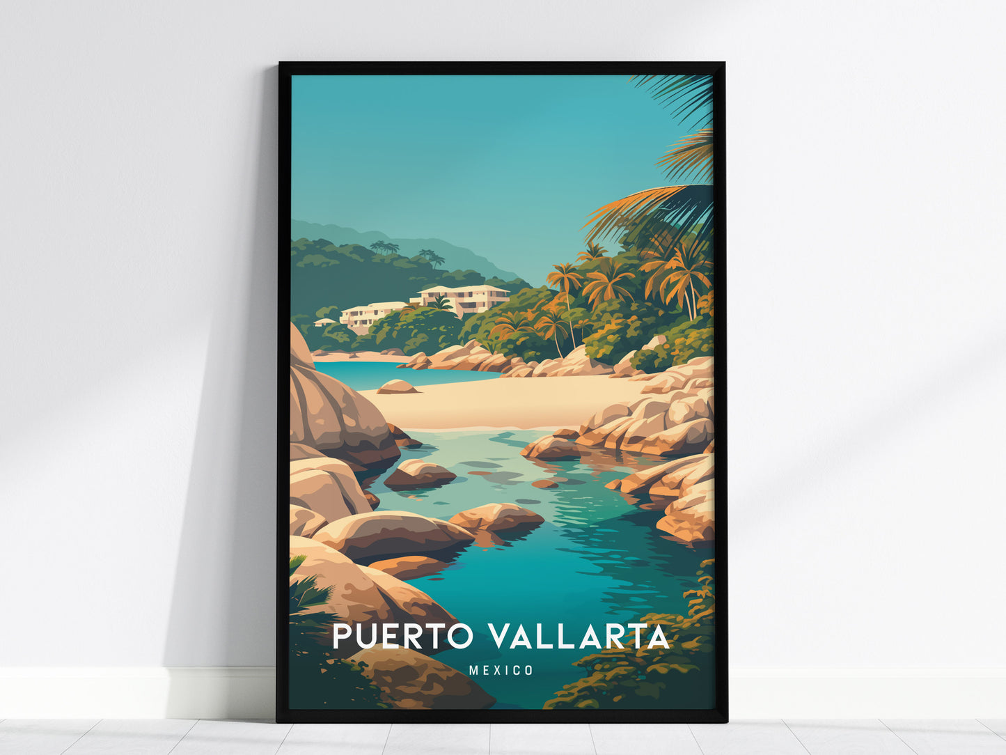 Puerto Vallarta, Mexico Poster | Tropical Coast & Cathedral Wall Art — framed wall art, 24x36 in