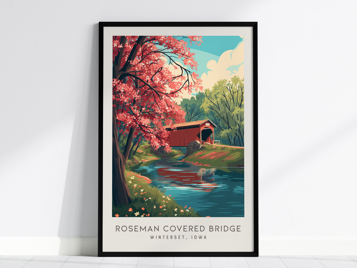 Roseman Covered Bridge Matte Border Poster | Winterset, Iowa Destination Print Travel Wall Art — framed wall art, 24x36 in