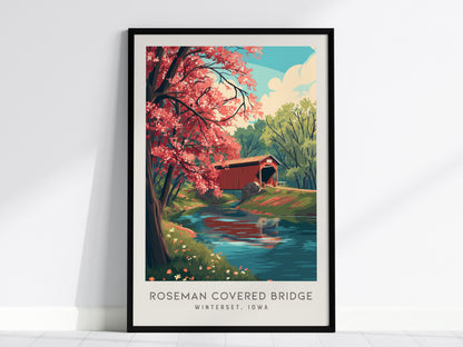 Roseman Covered Bridge Matte Border Poster | Winterset, Iowa Destination Print Travel Wall Art — framed wall art, 24x36 in