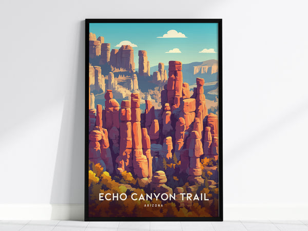 Framed Echo Canyon Trail print showcasing vibrant rock formations in warm tones, perfect travel art for nature lovers.