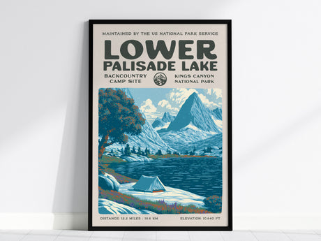Lower Palisade Lake, Kings Canyon National Park Poster | Hiker Gift | Backcountry Alpine Trail Wall Art — framed wall art, 24