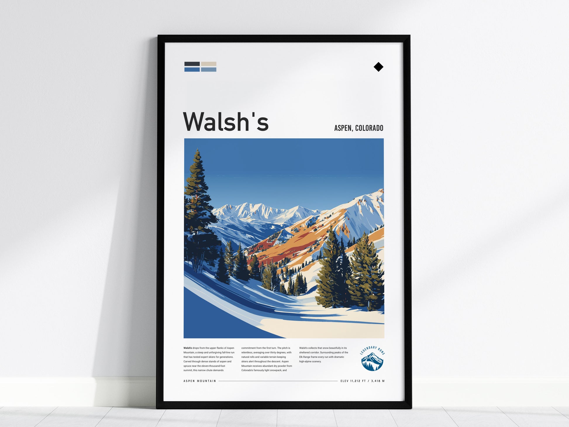 Walsh's, Aspen Poster | Fresh Powder Mountain Ski Run Wall Art — framed wall art, 24x36 in