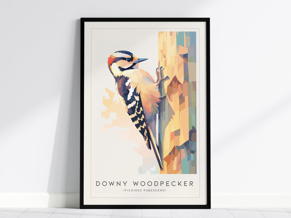 Framed abstract art print of a downy woodpecker on a tree trunk, featuring vibrant colors and geometric shapes, perfect for wildlife art lovers.