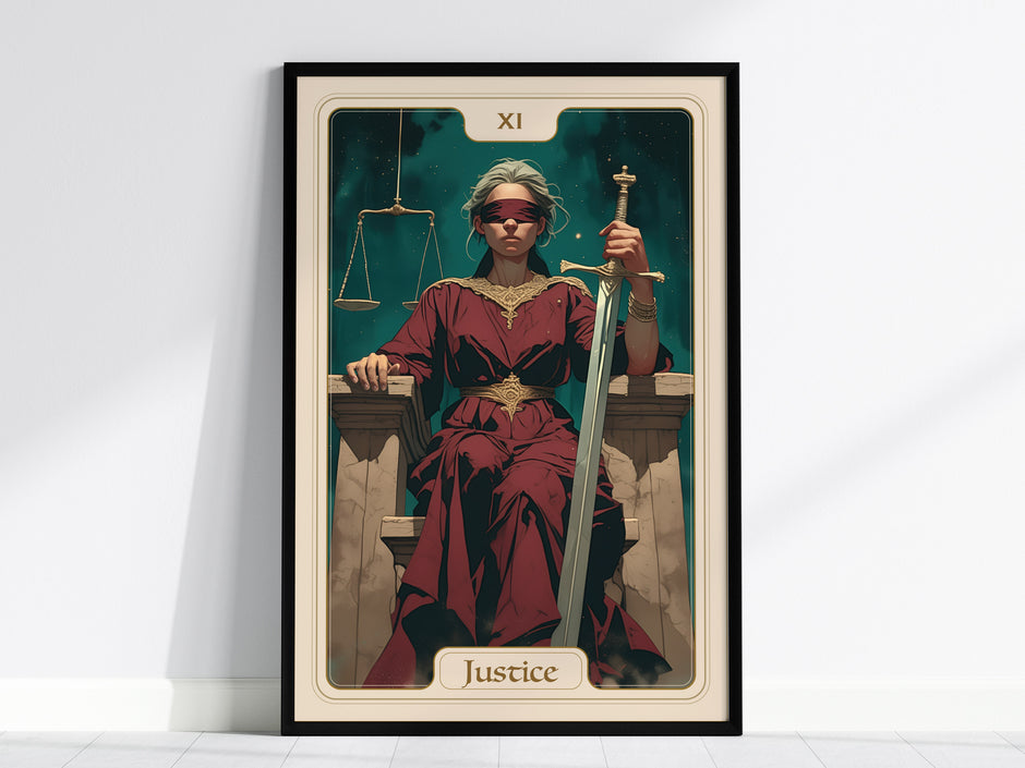 A framed poster of the Justice Tarot Card features a seated figure wearing a blindfold, holding a double-edged sword and scales. The background includes temple pillars and a starry night sky, symbolizing truth and balance.