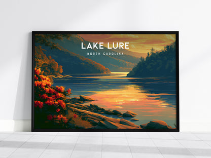 Lake Lure, North Carolina Landscape Poster | Blue Ridge Travel Gift Wall Art — framed wall art, 24x36 in