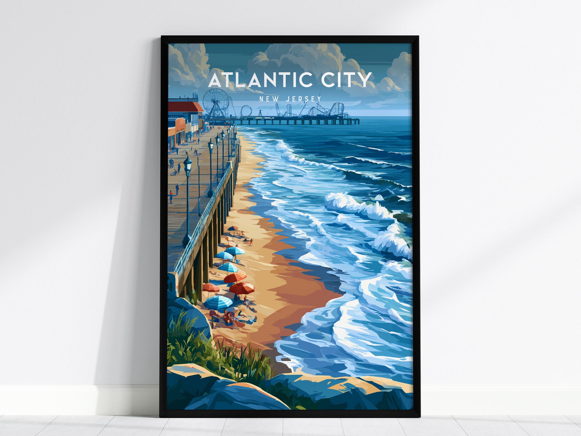 Atlantic City, New Jersey Poster | Boardwalk & Steel Pier Coastal Wall Art — framed wall art, 24x36 in