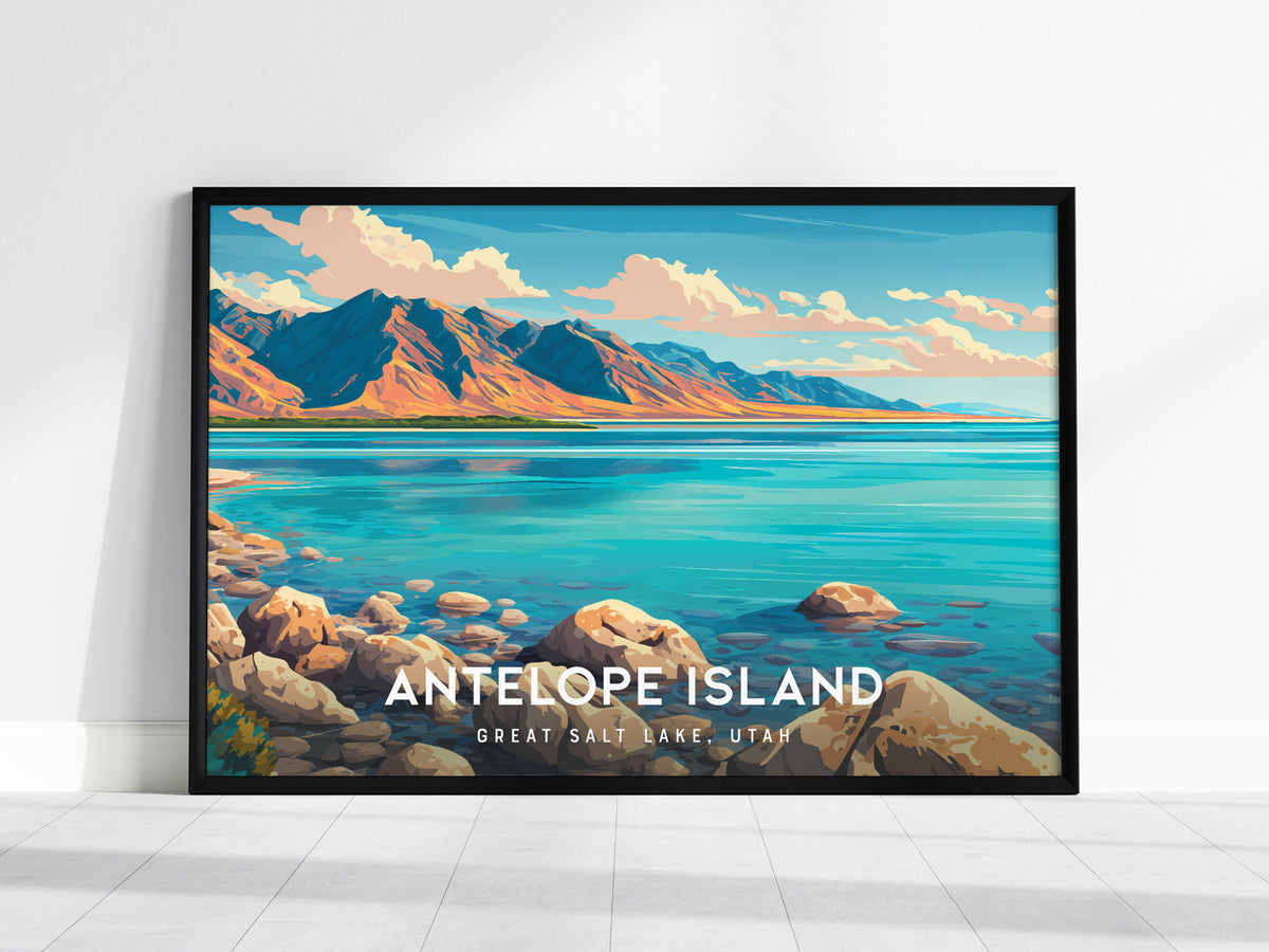 Antelope Island Landscape Poster | Great Salt Lake, Utah Vacation Wall Art — framed wall art, 24x36 in