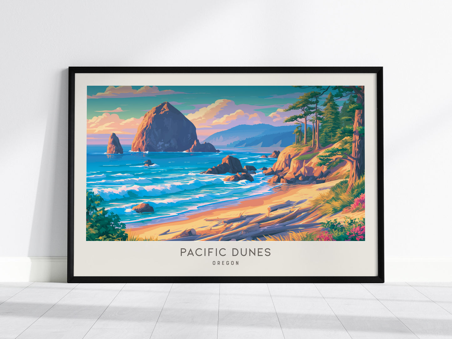 Pacific Dunes Landscape Matte Border Poster | Oregon Coastal Beach Decor — framed wall art, 24x36 in