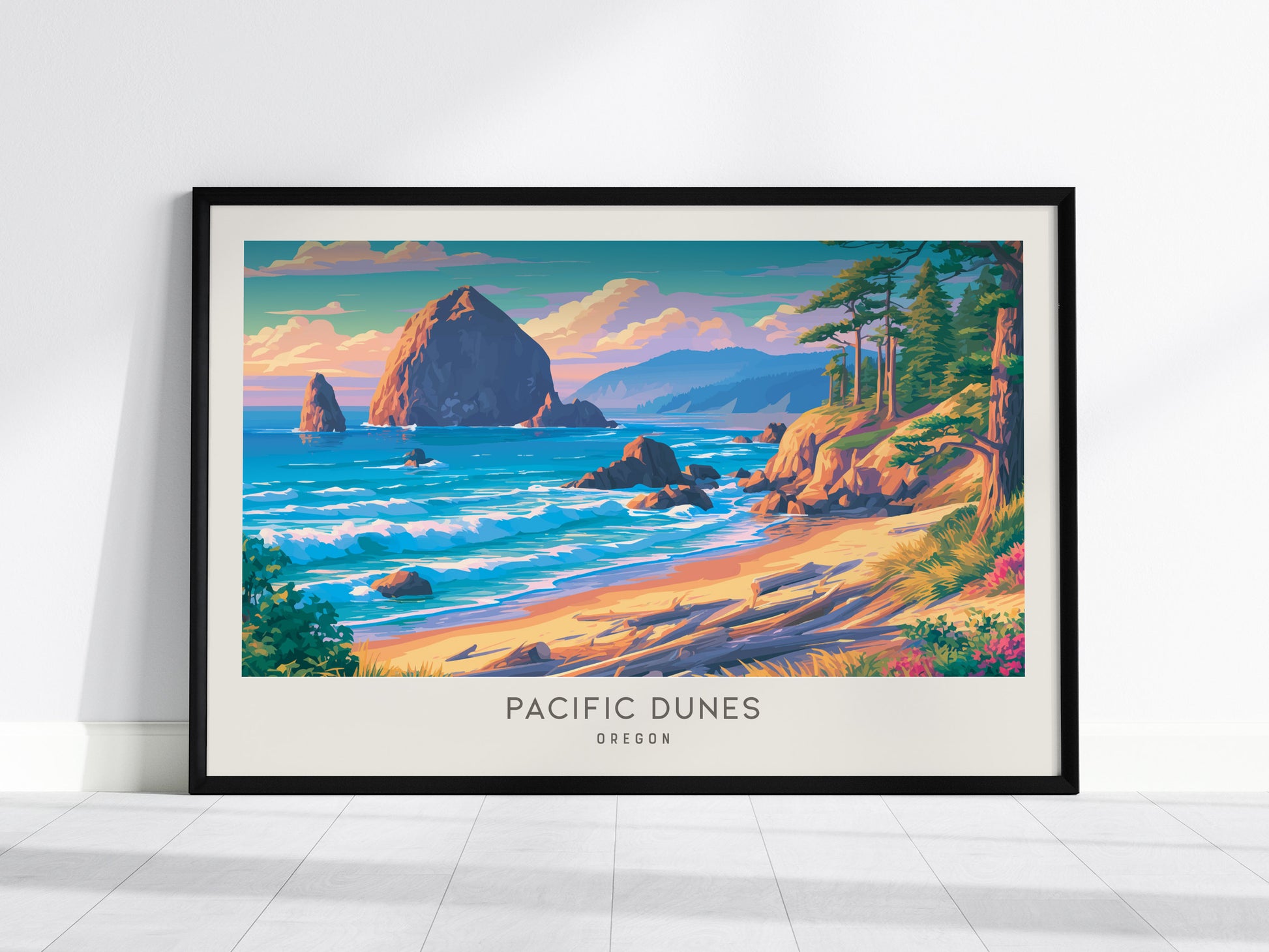 Pacific Dunes Landscape Matte Border Poster | Oregon Coastal Beach Decor — framed wall art, 24x36 in