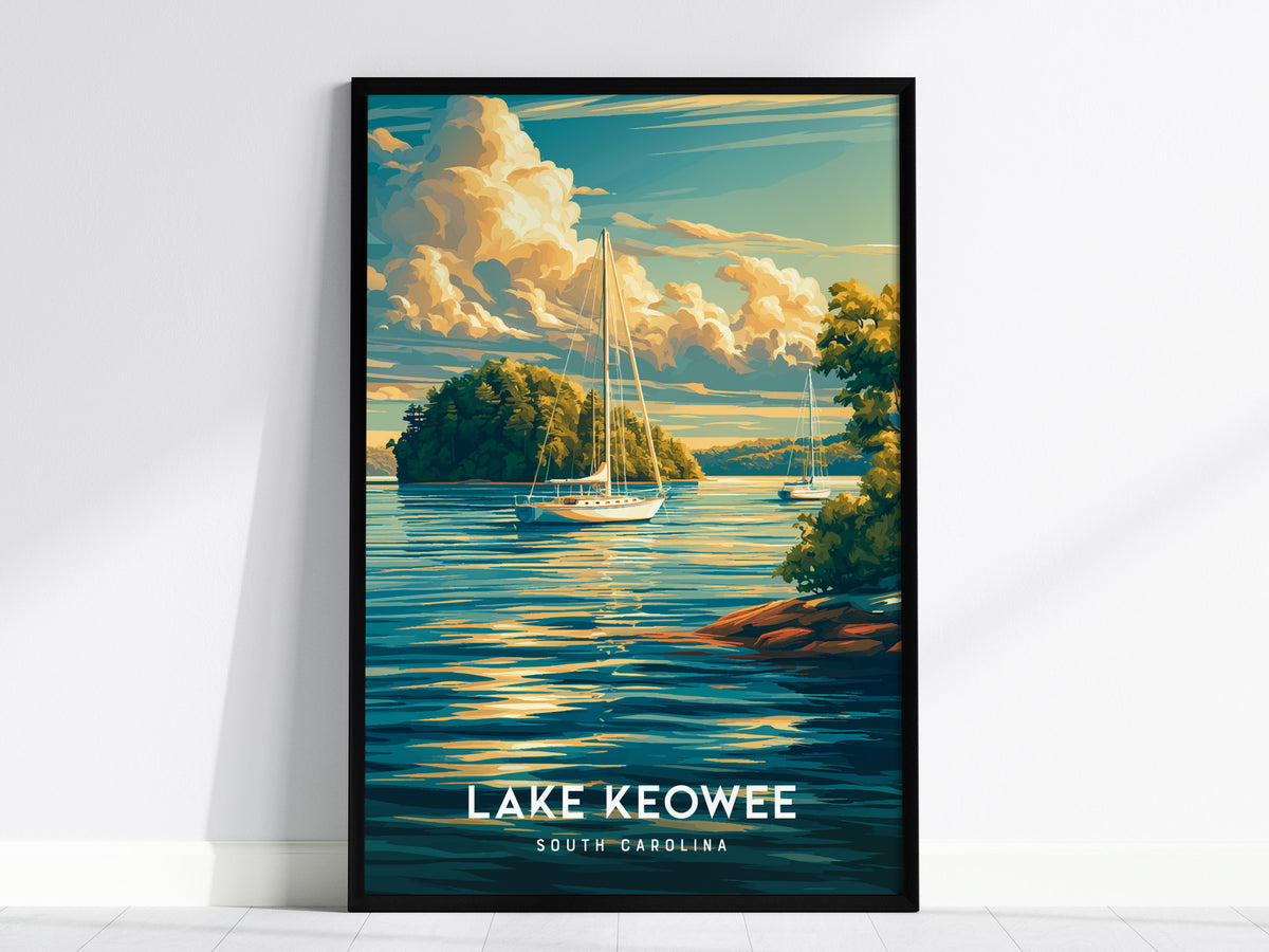Lake Keowee, South Carolina Poster | Lakeside Mountain Retreat Wall Art — framed wall art, 24x36 in