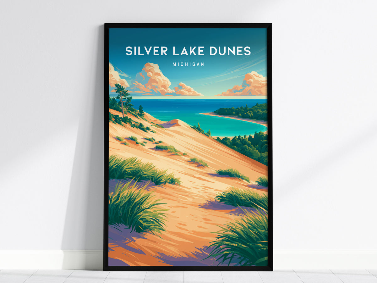 Silver Lake Dunes, Michigan Poster | Sand Dunes & Lakeshore Destination Print Wall Art — framed wall art, 24x36 in