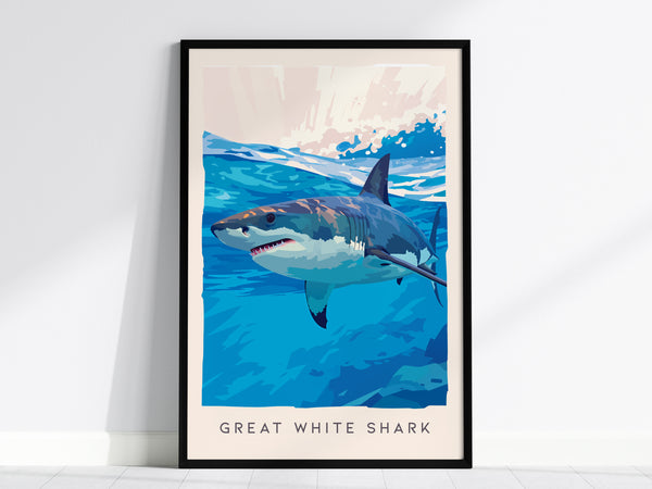 Great White Shark Poster | Apex Predator Ocean Wildlife Wall Art — framed wall art, 24x36 in