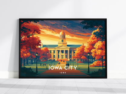 Iowa City, Iowa Landscape Poster | Midwest College Town Vacation Wall Art — framed wall art, 24x36 in
