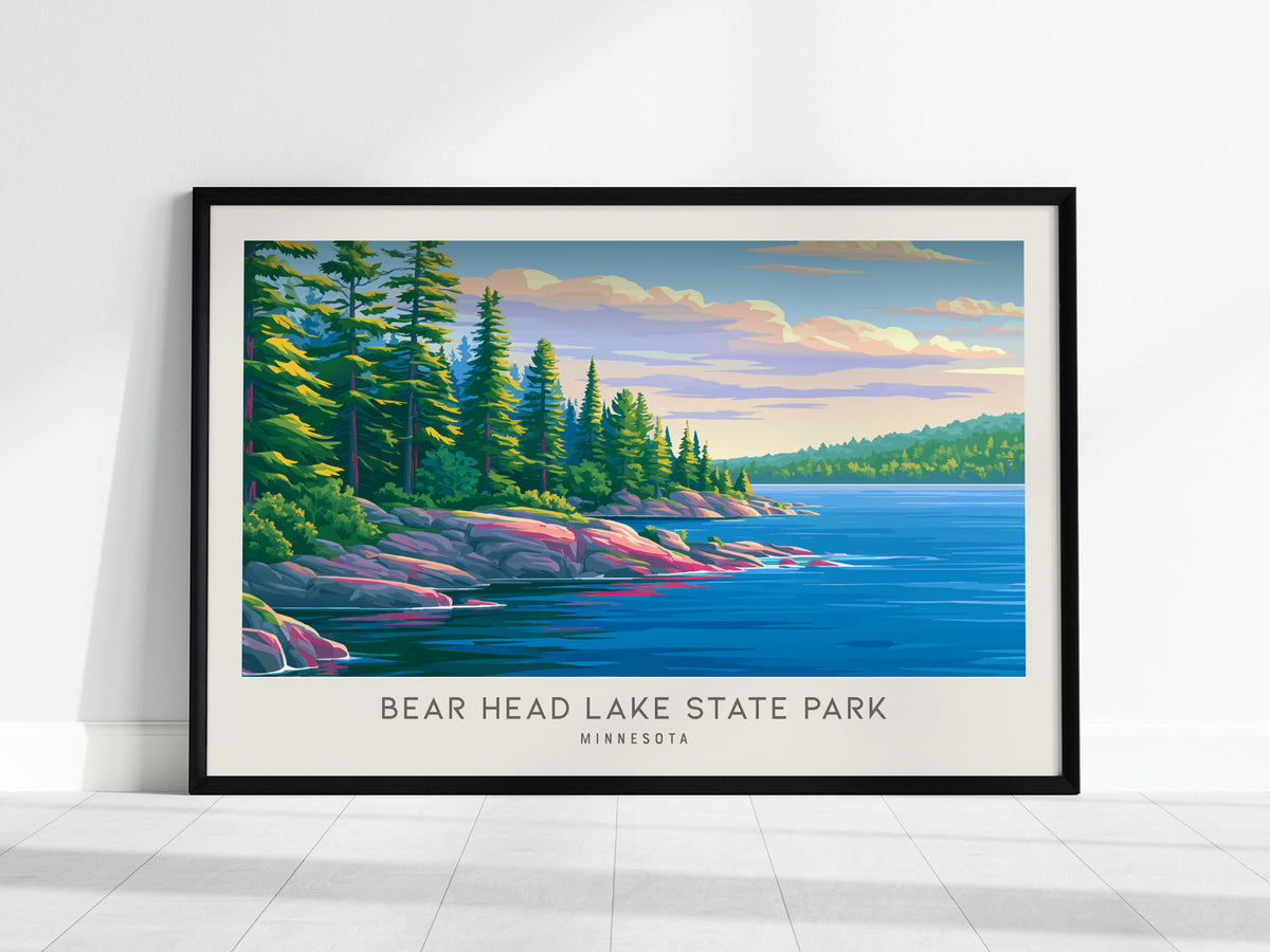 Bear Head Lake State Park Landscape Matte Border Poster | Minnesota Vacation Wall Art — framed wall art, 24x36 in