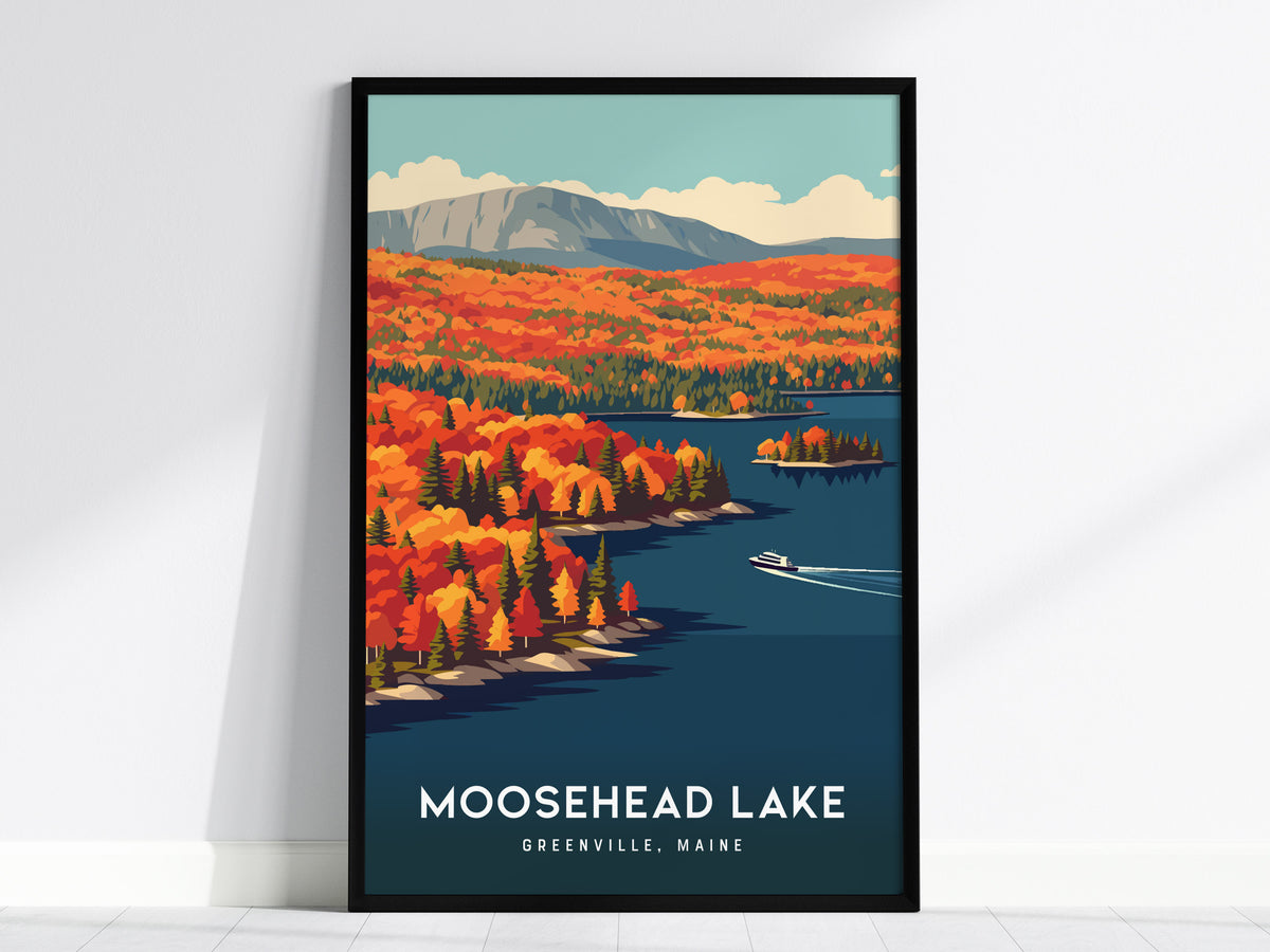 Moosehead Lake, Greenville, Maine Poster | Lakeside Wilderness Retreat Framed or Unframed Wall Art — framed wall art, 24x36 i