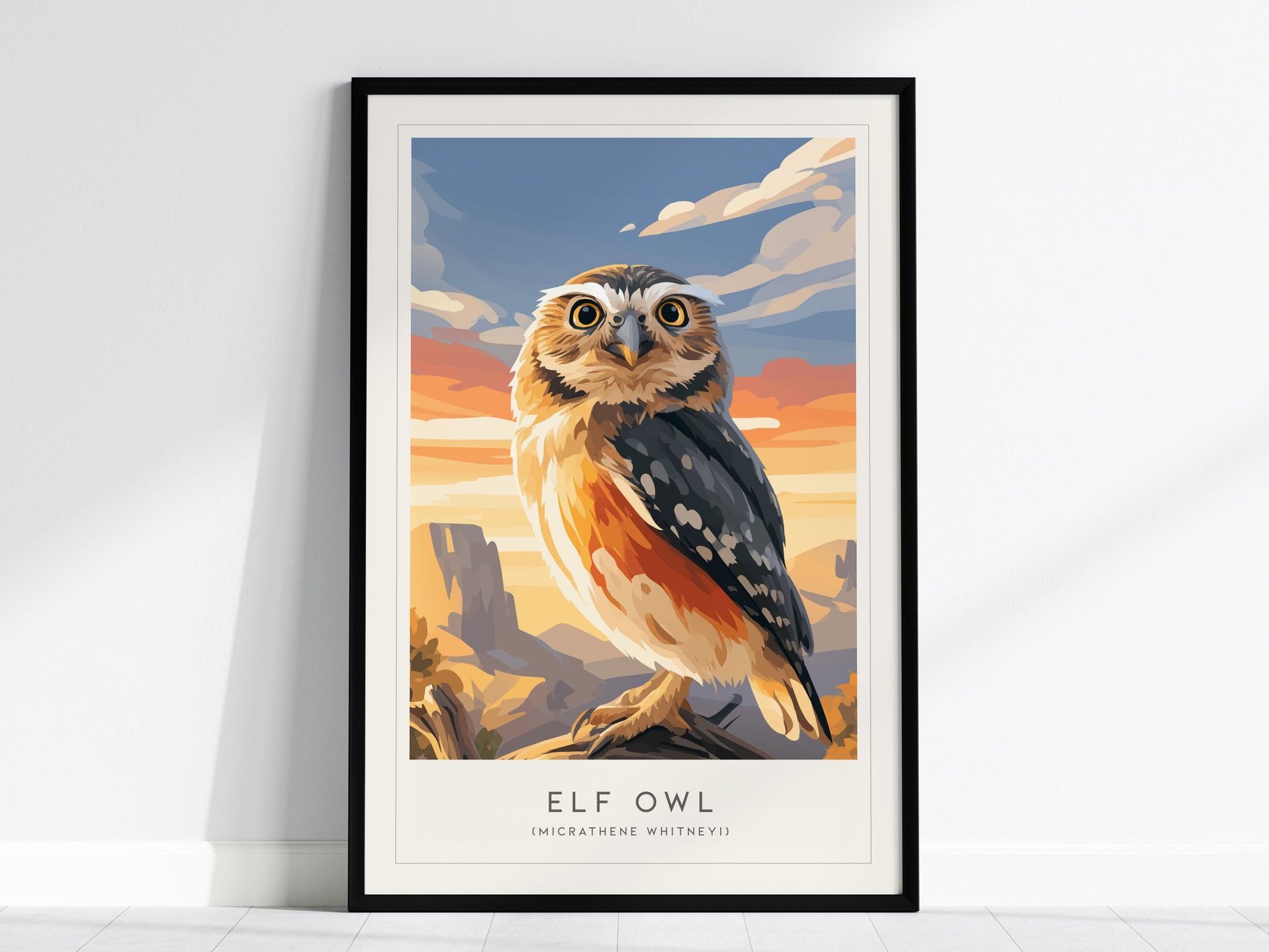 Elf Owl Poster | Desert Night Tiny Owl Wall Art — framed wall art, 24x36 in