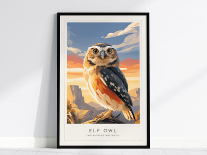 Elf Owl Poster | Desert Night Tiny Owl Wall Art — framed wall art, 24x36 in