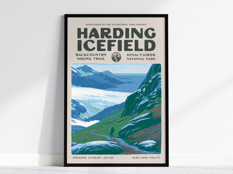 Harding Icefield, Kenai Fjords National Park Poster | Hiker Gift | Backcountry Trail Wall Art — framed wall art, 24x36 in