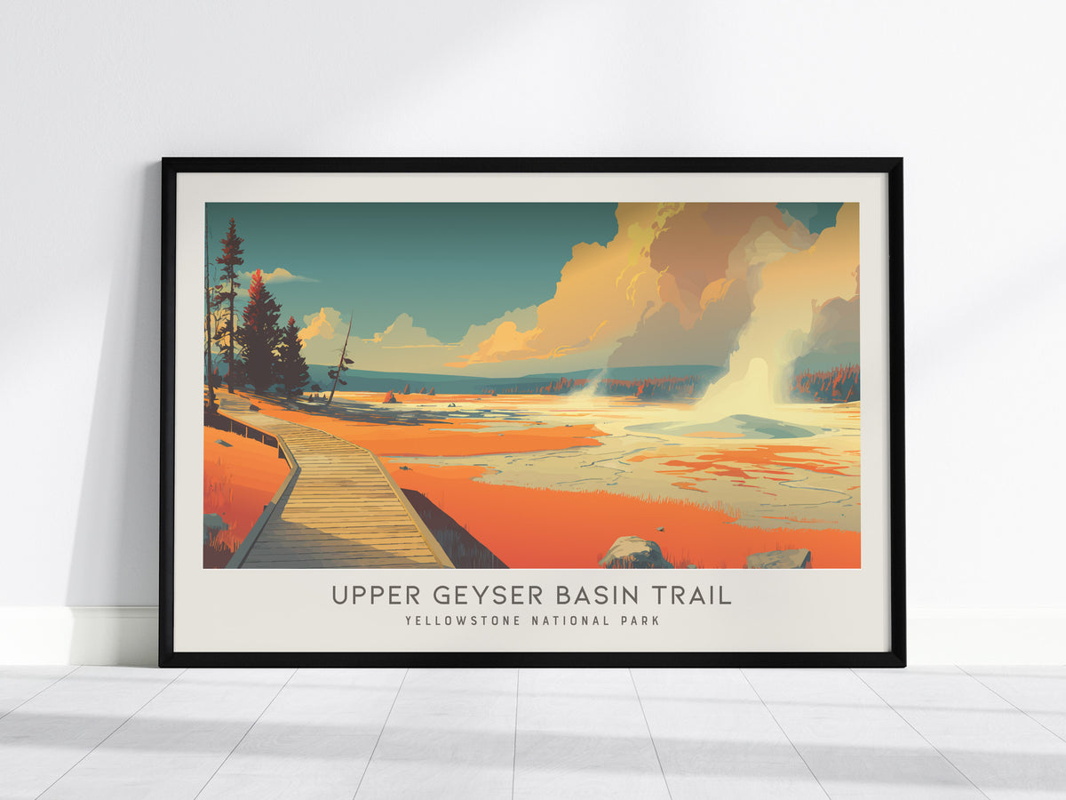 Upper Geyser Basin Trail Landscape Matte Border Poster | Yellowstone National Park Framed or Unframed Travel Gift — framed wa