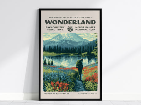 Wonderland Trail, Mount Rainier National Park Poster | Hiker Gift | Backcountry Block Print Wall Art — framed wall art, 24x36