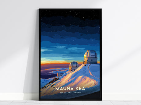 Framed poster of Mauna Kea observatories featuring snow-covered cinder cones and observatory domes beneath a starry sky at sunset. Text reads Mauna Kea, Big Island, Hawaii.