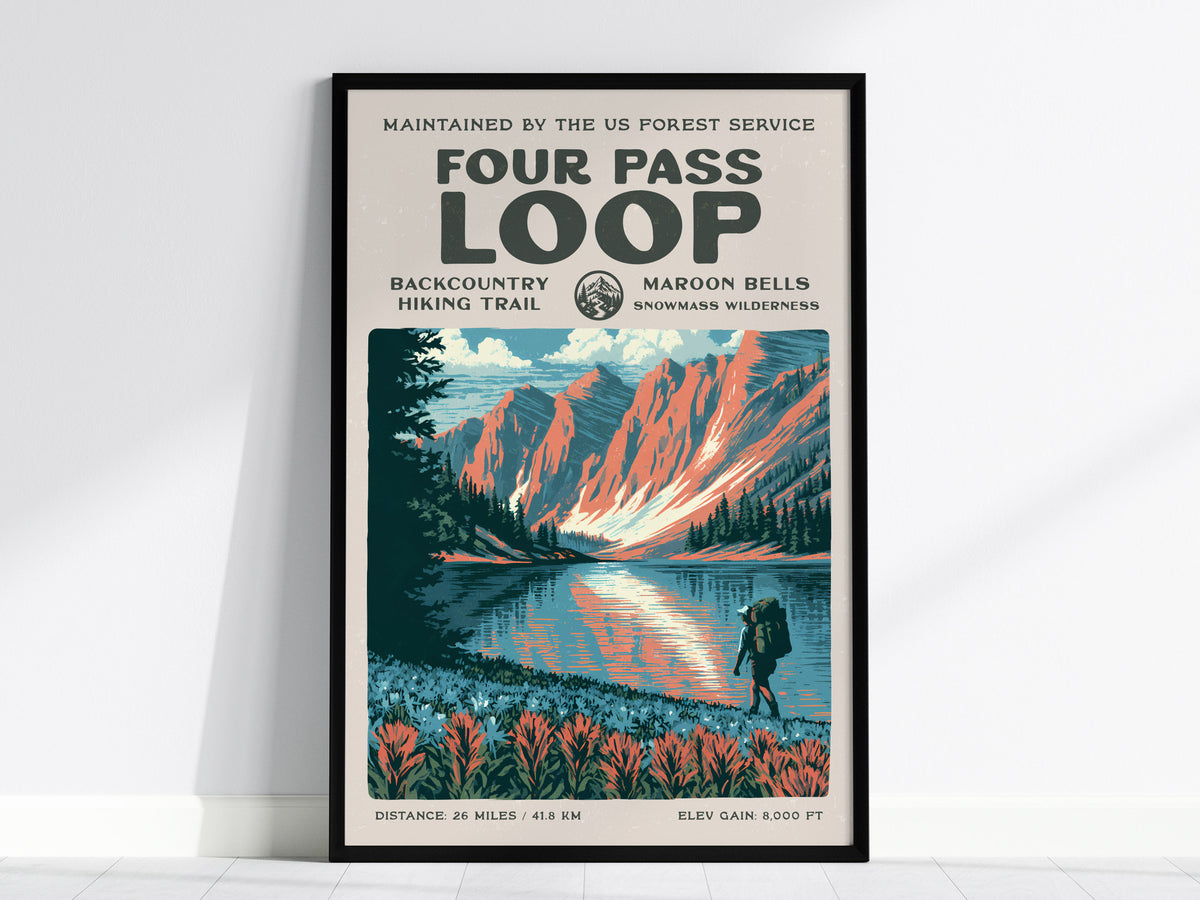 Four Pass Loop, Maroon Bells-Snowmass Wilderness Poster | Hiker Gift | Backcountry Trail Wall Art — framed wall art, 24x36 in