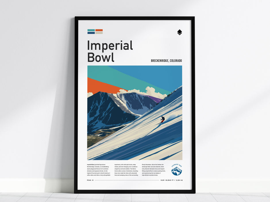 Framed Imperial Bowl ski poster featuring a skier descending a vibrant, snow-covered slope in Breckenridge, Colorado.