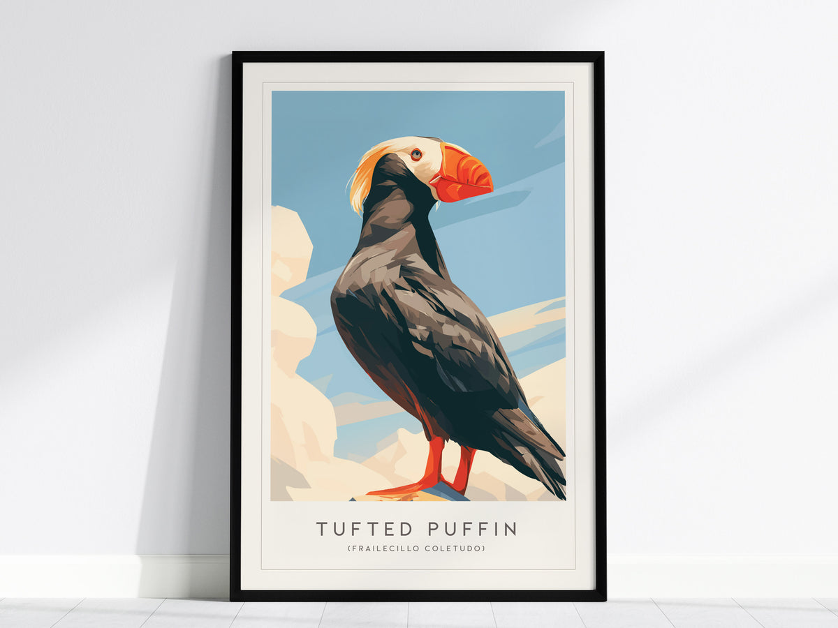 Tufted Puffin, Frailecillo Coletudo Poster | Bold Seabird Wildlife Print Wall Art — framed wall art, 24x36 in