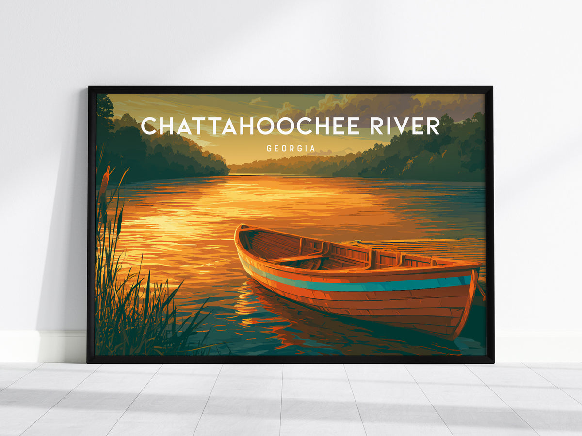 Chattahoochee River Landscape Poster | Georgia Travel Gift Coastal Beach Decor Wall Art — framed wall art, 24x36 in