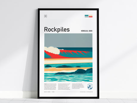 Rockpiles, Hawaii Poster | Golden Hour North Shore Surf Wall Art — framed wall art, 24x36 in