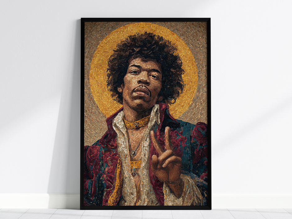 Byzantine-style mosaic art portrait of Jimi Hendrix with a halo, featuring warm hues and textured tiles, ideal for wall decor.