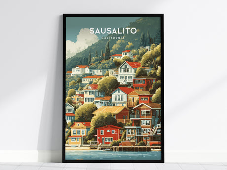 Framed vintage Sausalito California poster featuring hillside houses in green, blue, and red, evoking travel art charm.