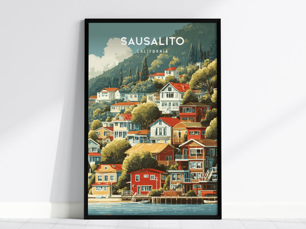 Framed vintage Sausalito California poster featuring hillside houses in green, blue, and red, evoking travel art charm.