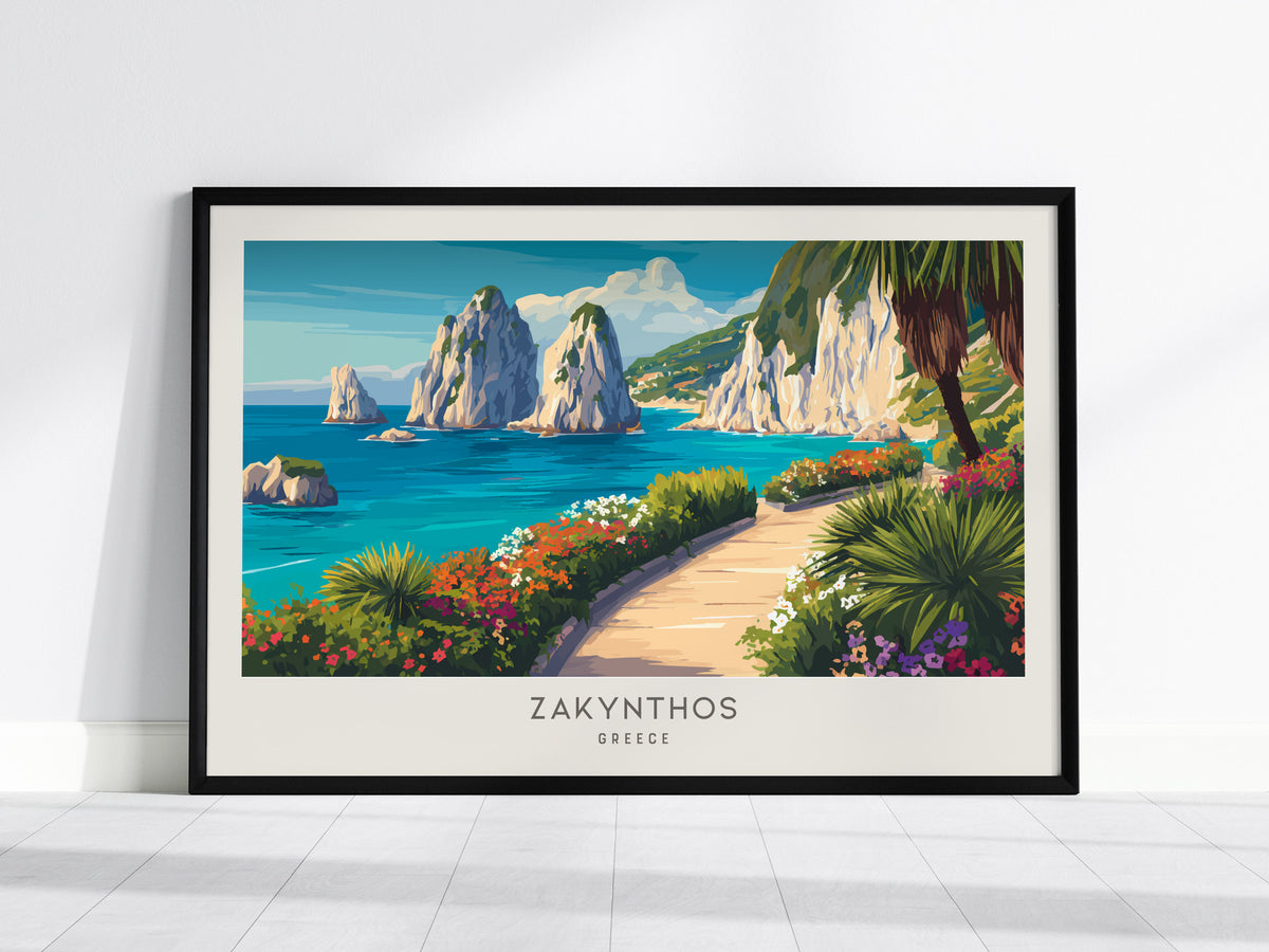 Zakynthos Zakyntos Landscape Matte Border Poster | Greece Coastal Beach Decor Vacation Wall Art — framed wall art, 24x36 in