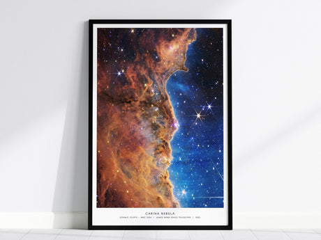 Carina Nebula James Webb Space Telescope poster featuring cosmic cliffs and star-forming pillars