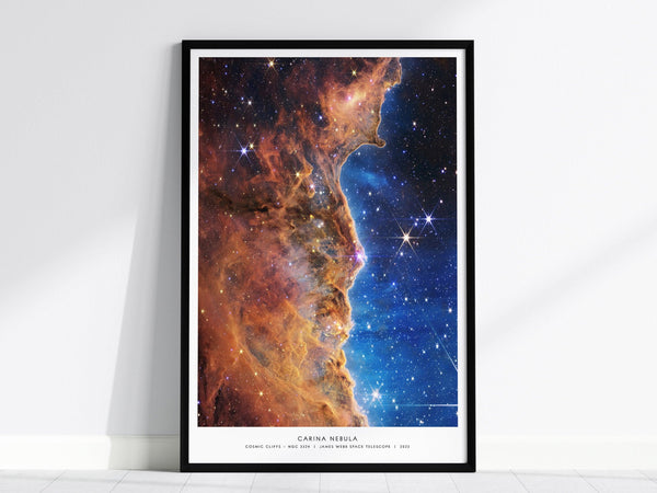 Carina Nebula James Webb Space Telescope poster featuring cosmic cliffs and star-forming pillars