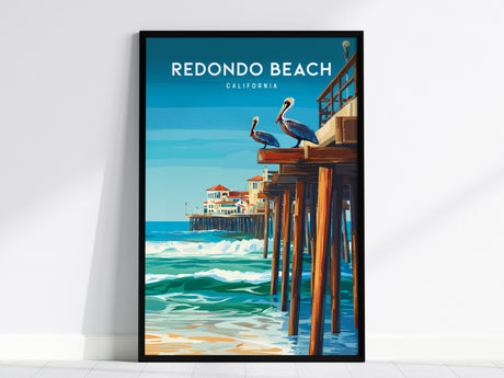 Redondo Beach, California Poster | Sun-Kissed Pier & Sailboat Wall Art — framed wall art, 24x36 in