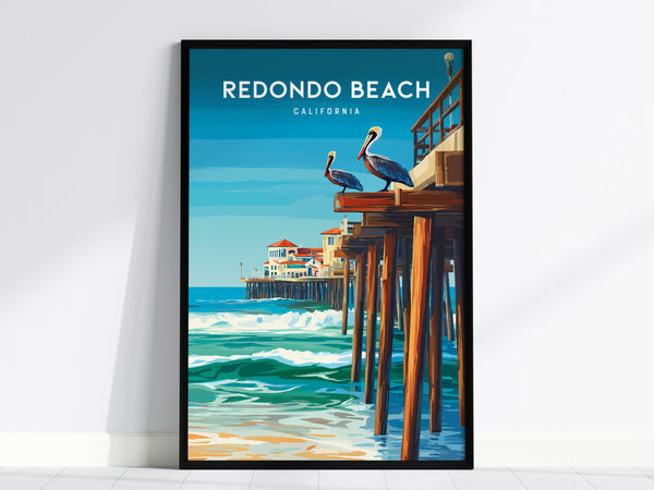Redondo Beach, California Poster | Sun-Kissed Pier & Sailboat Wall Art — framed wall art, 24x36 in