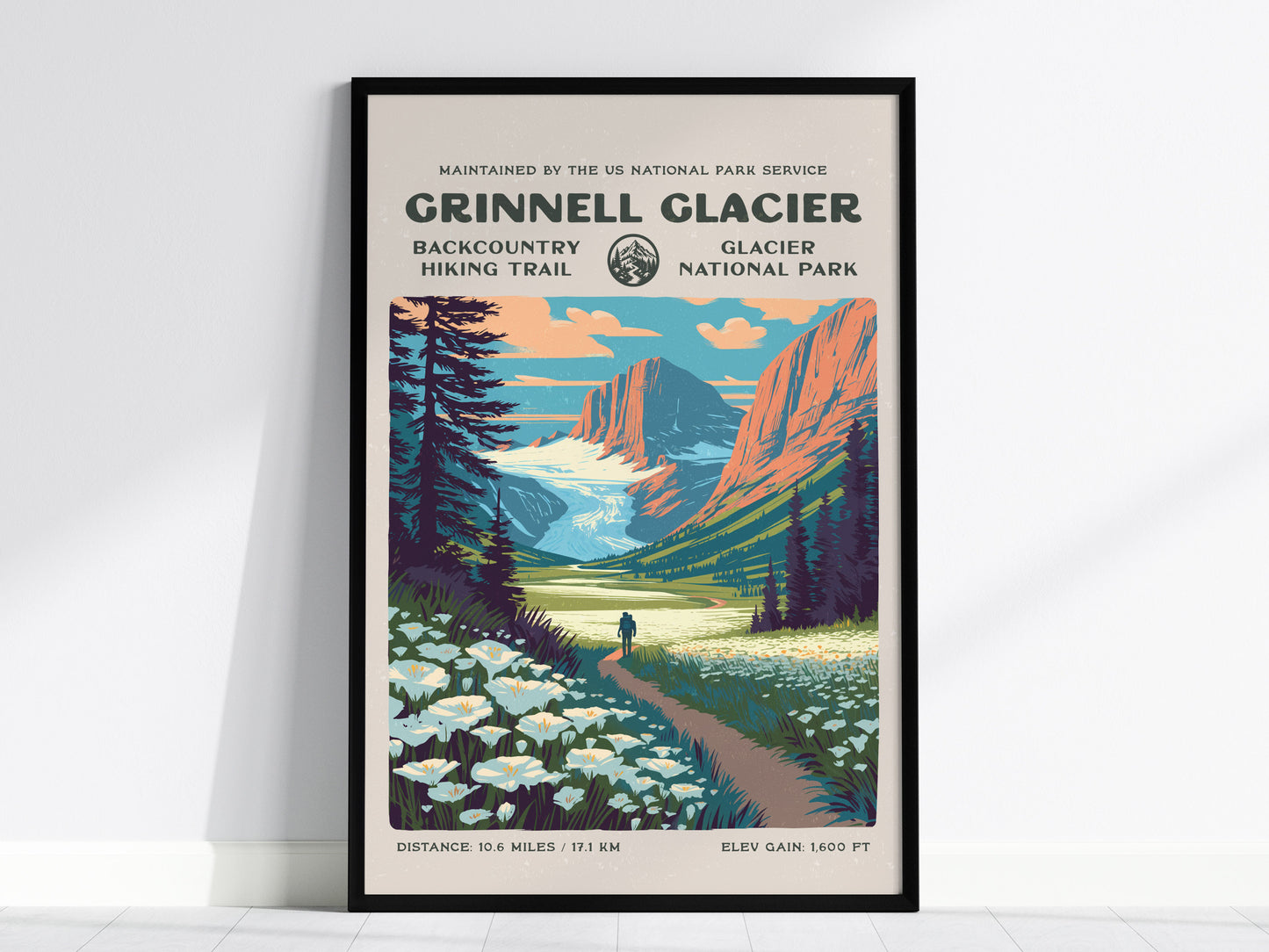 Grinnell Glacier, Glacier National Park Poster | Hiker Gift | Backcountry Trail Wall Art — framed wall art, 24x36 in